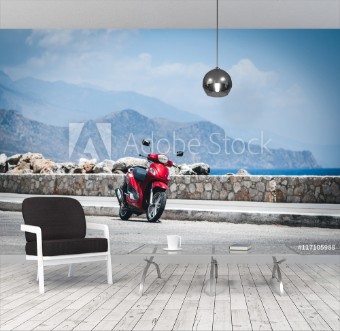 Picture of Red motorcycle near sea coastline at Paleochora town on Crete island